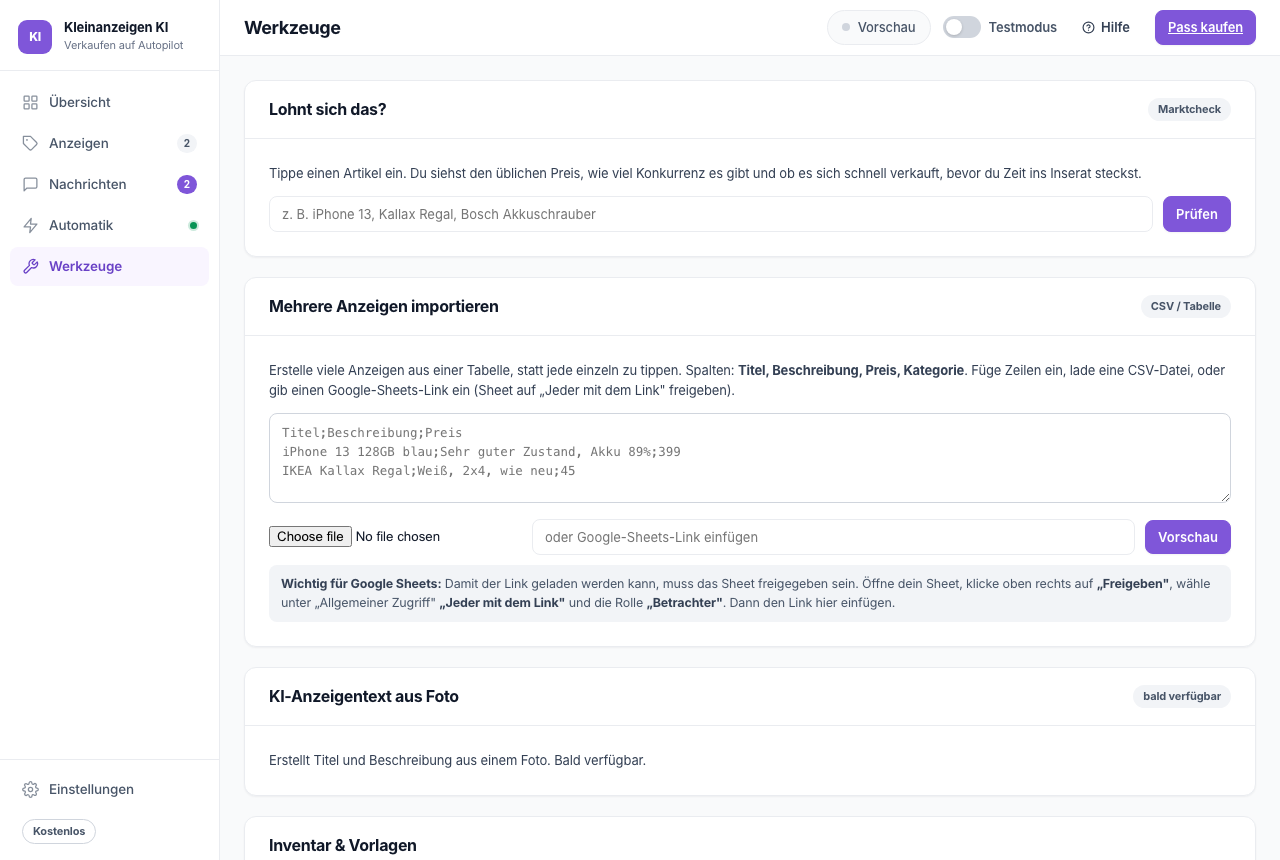 Werkzeuge: Marktcheck, KI-Text aus Foto, Crossposting